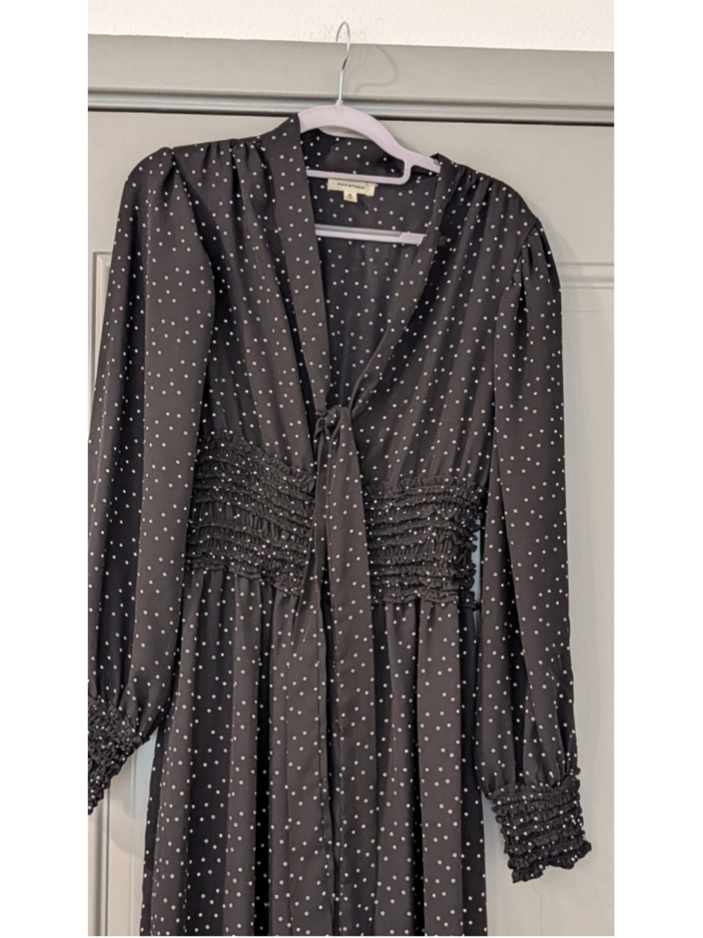Max Studio Black Polka Dot Tie Neck Midi Dress Smocked Waist Long Sleeve Size M - Picture 2 of 8